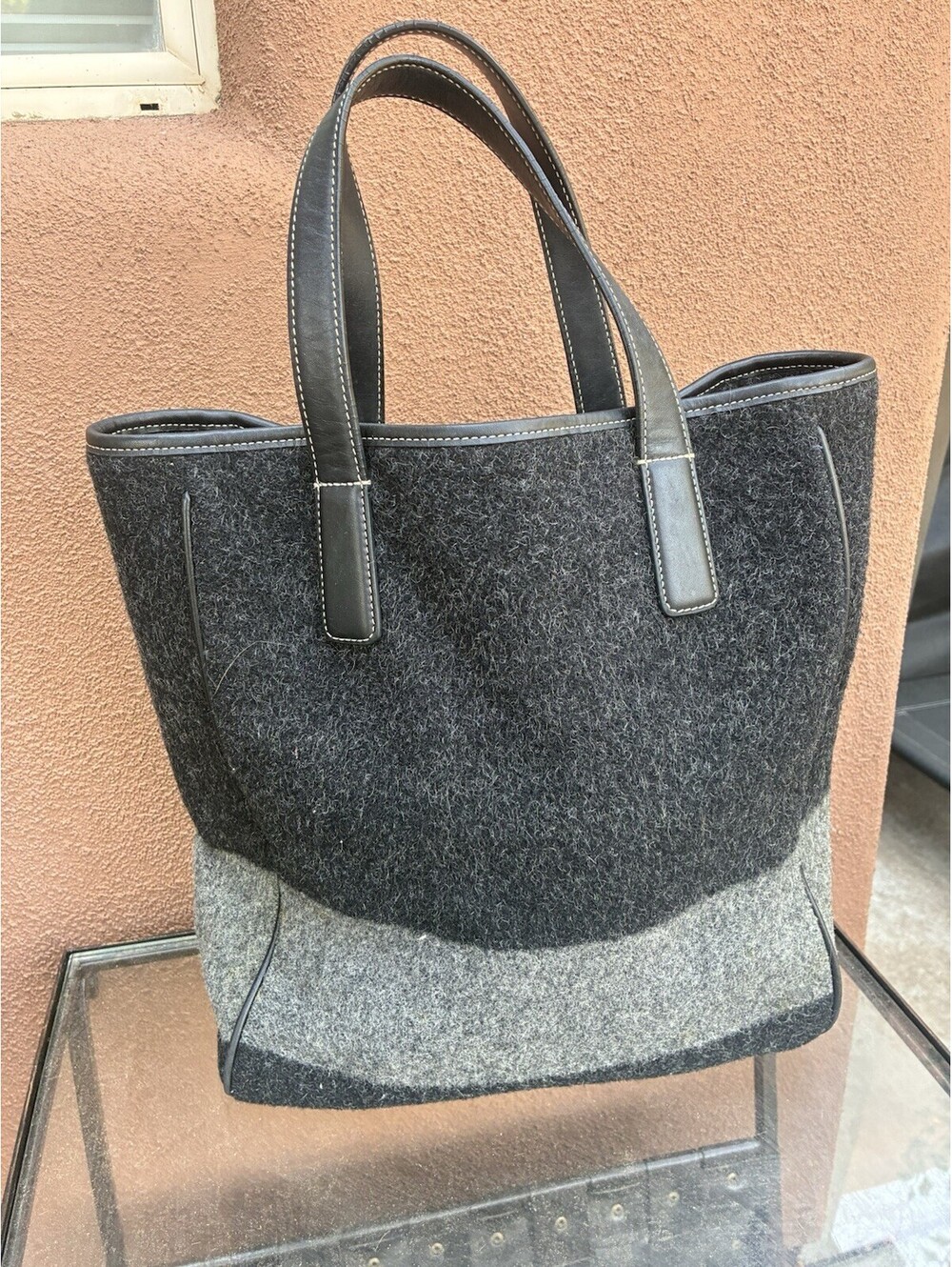 Coach 8128 Wool Leather Tote Shoulder Bag Black Gray Leatherware Plaid Lined